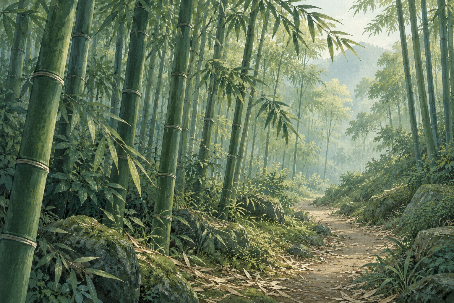 竹林小径意境插画（AI 生成，非基地实拍）