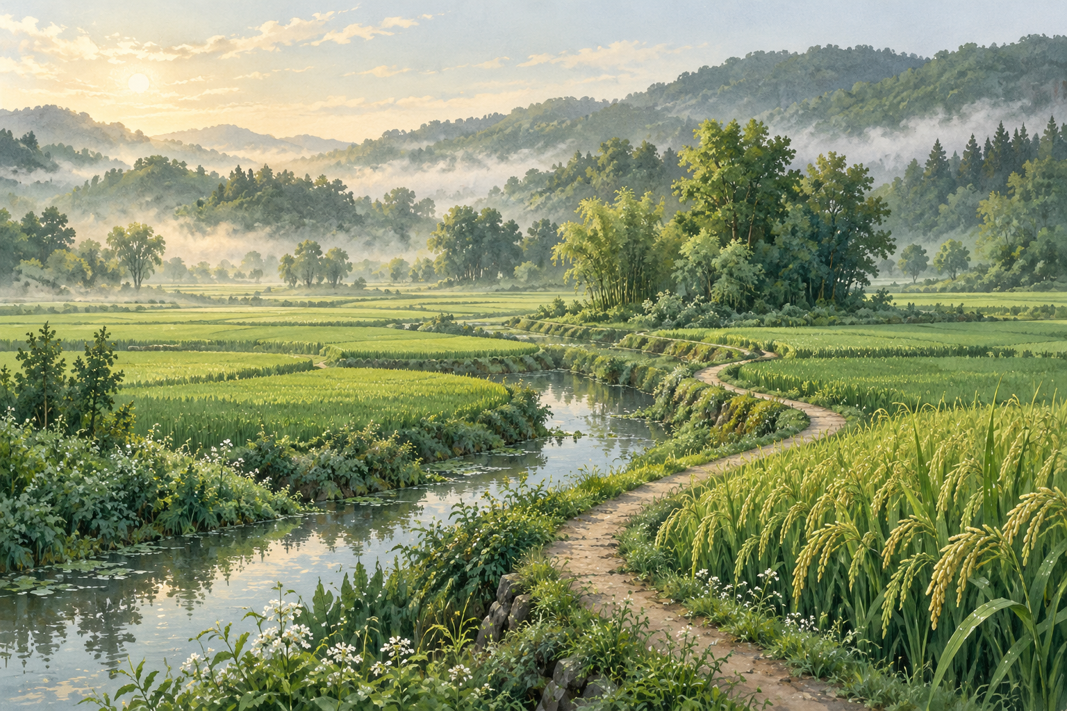 溪流与稻田意境插画（AI 生成，非基地实拍）