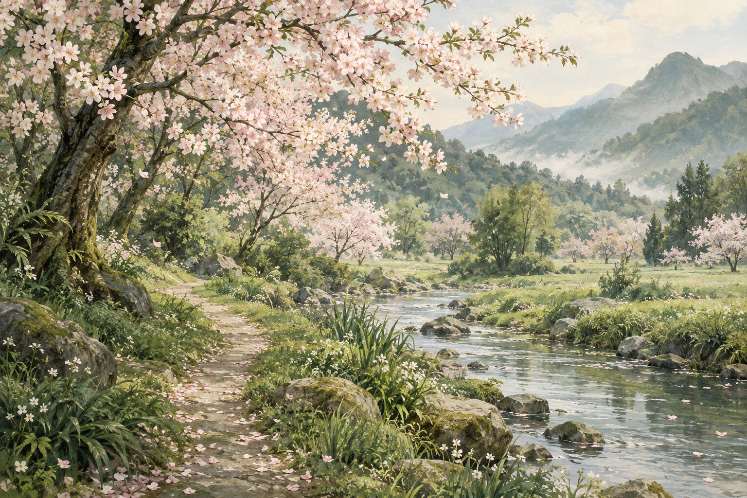 樱花与溪畔意境插画（AI 生成，非基地实拍）