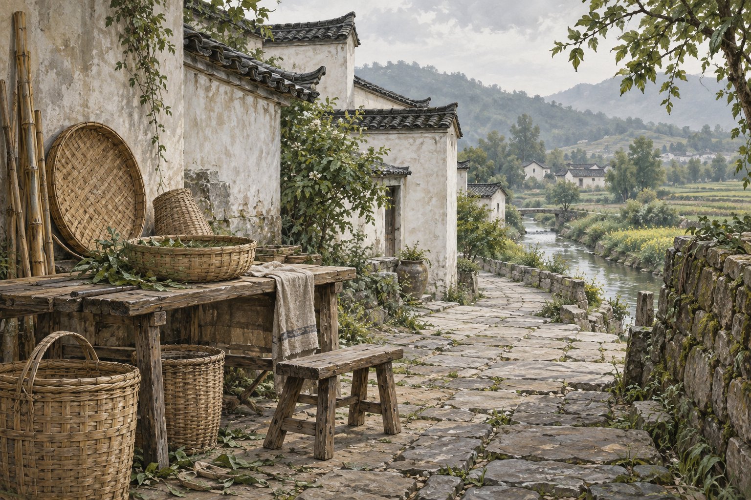 乡村与竹编器物意境插画（AI 生成，非基地实拍）